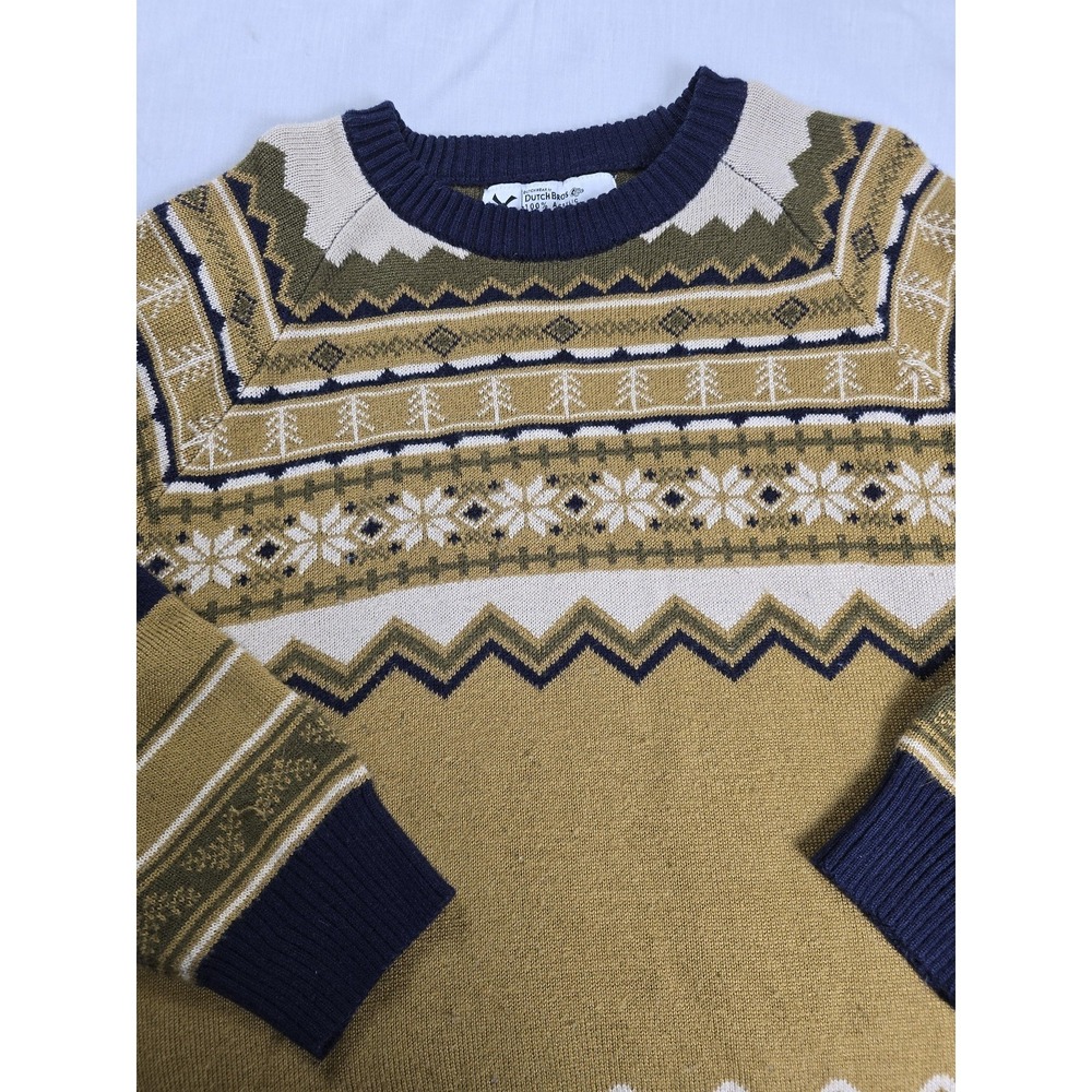 Dutch Bros Sweater Mens Medium Tan Blue Holiday Crewneck Knit Pullover Cozy Logo